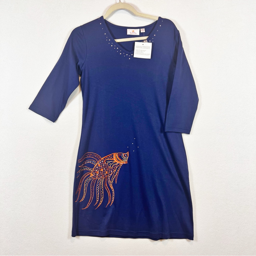 Quacker Factory Jeweled Fish Dress Size Xxs Navy Blue Artsy Nwt